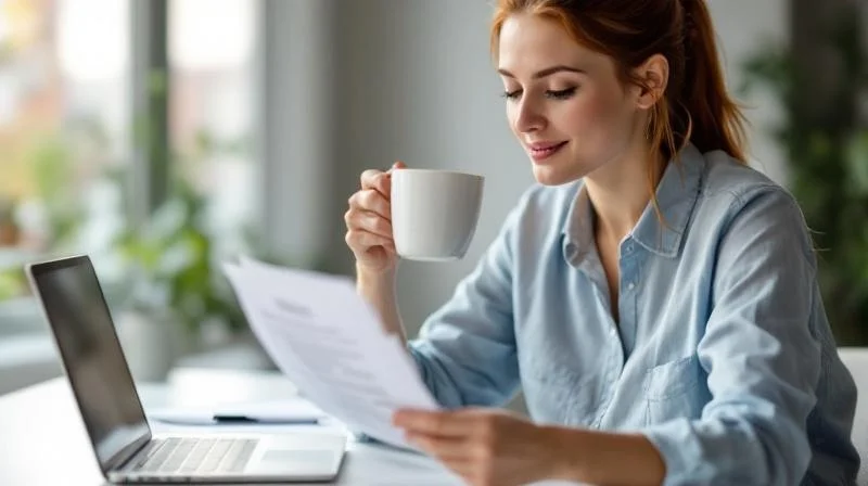 Frau mit Unterlagen und Kaffee an einem Schreibtisch in einem hellen Büro