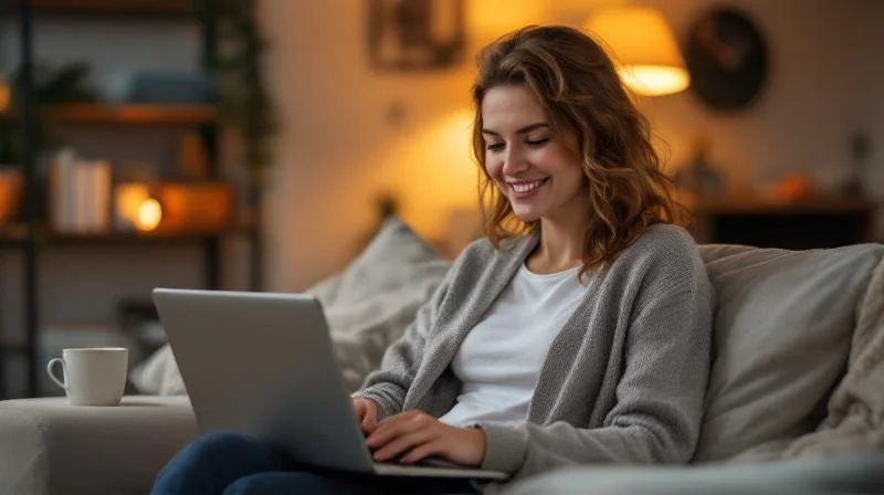 Frau lernt am Laptop in einem modernen Wohnzimmer mit warmem Abendlicht